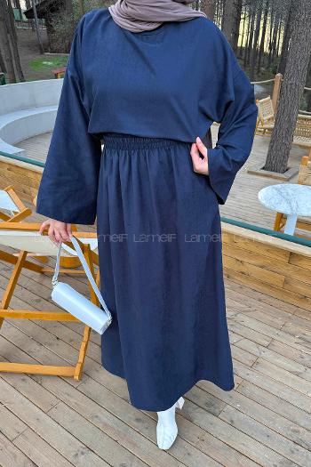 Navy Blue Crew Neck Long Arm Linen Flare Suit