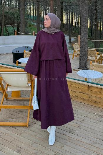 Lamelif Süet Etekli Tesettür Takım Mürdüm