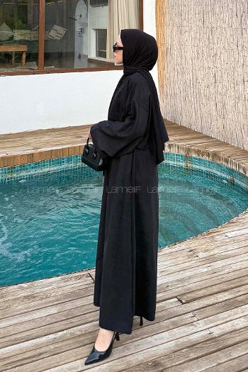 Black Crew Neck Long Arm Linen Flare Suit