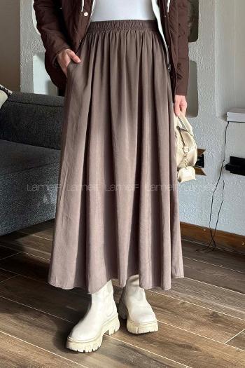 Lamelif Tensel Tesettür Etek Kahverengi