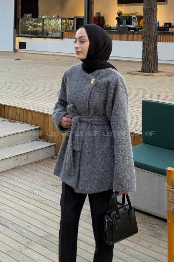 Lamelif Bağlama Detaylı Gold Düğmeli Kaban Antrasit