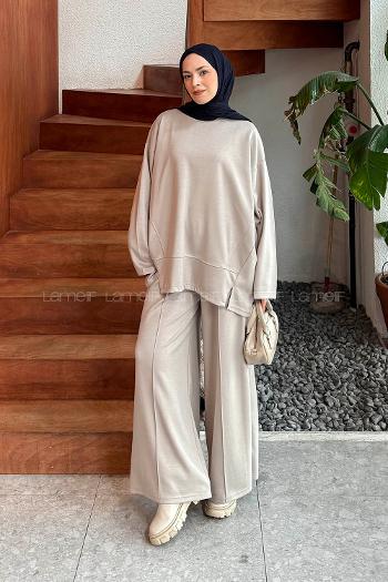 Beige Crew Neck Long Arm Cotton Polyester Regular Trousers Comfortable Suit
