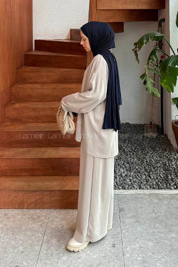 Beige Crew Neck Long Arm Cotton Polyester Regular Trousers Comfortable Suit