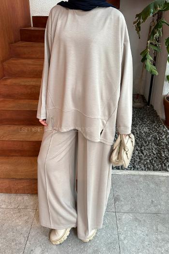 Beige Crew Neck Long Arm Cotton Polyester Regular Trousers Comfortable Suit