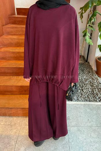 Claret Red Crew Neck Long Arm Cotton Polyester Regular Trousers Comfortable Suit