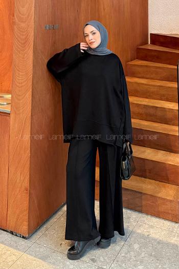 Black Crew Neck Long Arm Cotton Polyester Regular Trousers Comfortable Suit