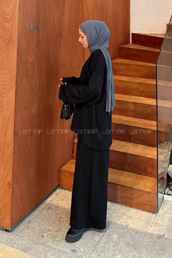 Black Crew Neck Long Arm Cotton Polyester Regular Trousers Comfortable Suit