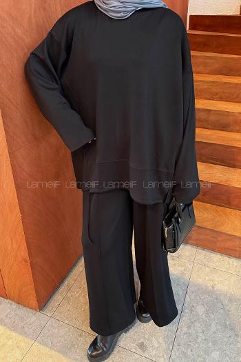 Black Crew Neck Long Arm Cotton Polyester Regular Trousers Comfortable Suit