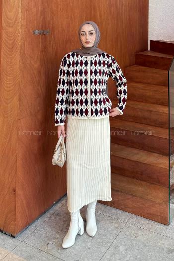 Lamelif Baklava Desen Etekli Triko Bordo-Bej