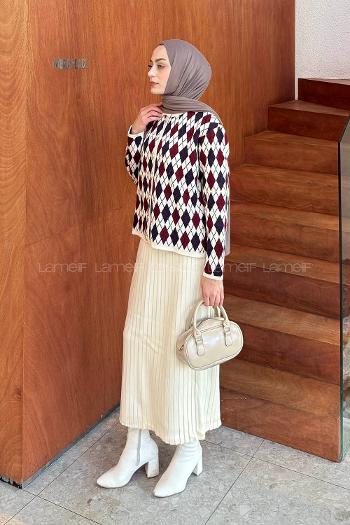 Lamelif Baklava Desen Etekli Triko Bordo-Bej