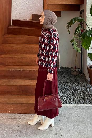 Lamelif Baklava Desen Etekli Triko Bordo-Lacivert