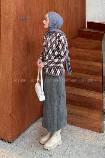 Lamelif Baklava Desen Etekli Triko Takım Antrasit-Bordo