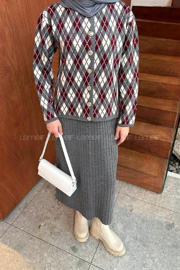 Lamelif Baklava Desen Etekli Triko Takım Antrasit-Bordo