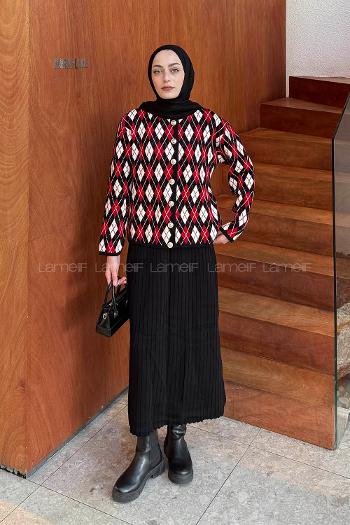 Lamelif Baklava Desen Etekli Triko Takım Bordo-Siyah