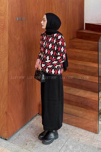 Lamelif Baklava Desen Etekli Triko Takım Bordo-Siyah