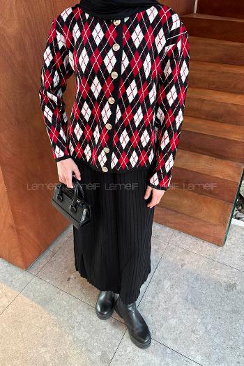 Lamelif Baklava Desen Etekli Triko Takım Bordo-Siyah