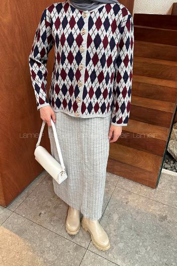 Lamelif Baklava Desen Etekli Triko Takım Gri-Bordo