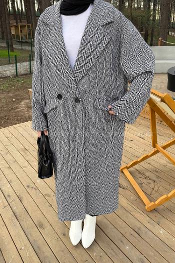 Lamelif Balıksırtı Desen Bağlama Detaylı Kaban Gri