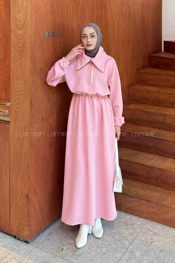 Lamelif Boğazlı Scuba Elbise Şeker Pembesi