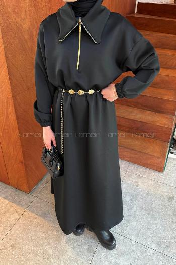 Lamelif Boğazlı Scuba Elbise Siyah