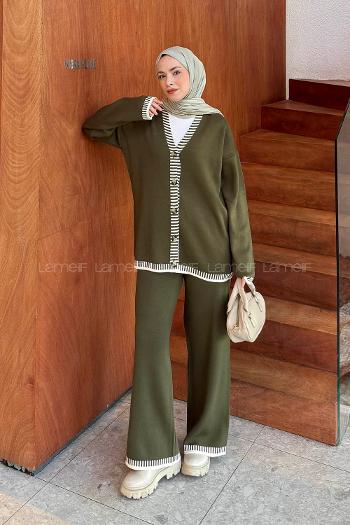 Khaki V Neck Long Arm Knitwear Regular Trousers Comfortable Suit