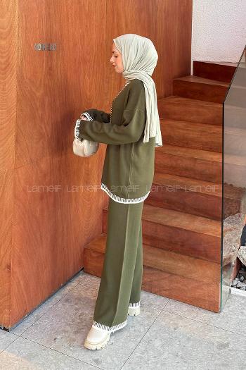 Khaki V Neck Long Arm Knitwear Regular Trousers Comfortable Suit