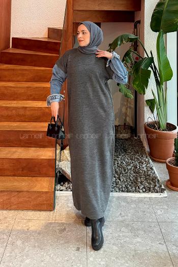 Lamelif Denim Kol Detaylı Tesettür Elbise Gri