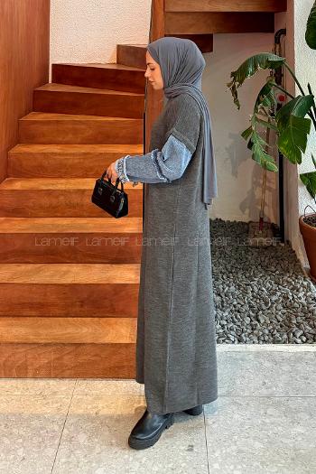 Lamelif Denim Kol Detaylı Tesettür Elbise Gri