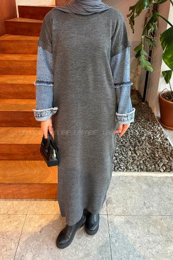 Lamelif Denim Kol Detaylı Tesettür Elbise Gri