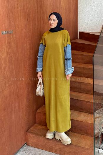 Lamelif Denim Kol Detaylı Tesettür Elbise Yağ Yeşili