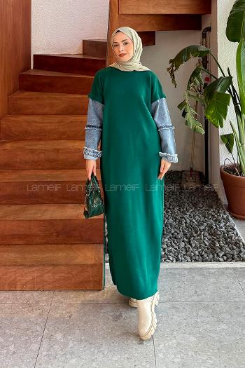 Green Crew Neck Denim Dresess