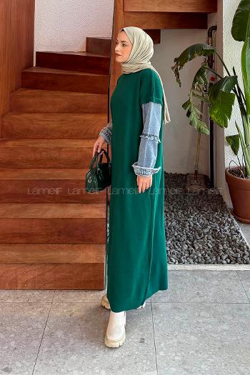 Green Crew Neck Denim Dresess