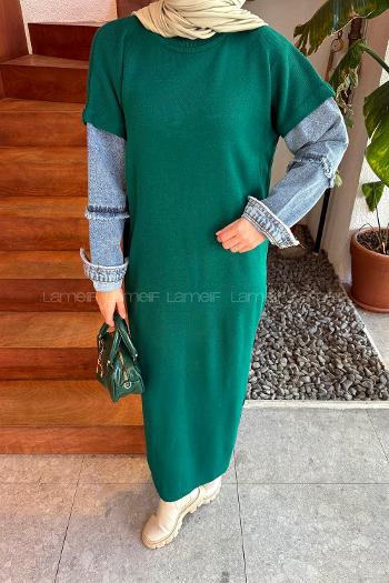 Green Crew Neck Denim Dresess