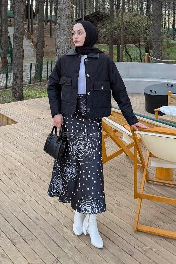 Lamelif Deri Yaka Kapitone Mont Siyah