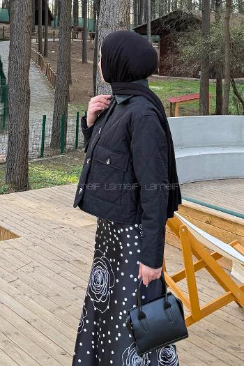 Lamelif Deri Yaka Kapitone Mont Siyah