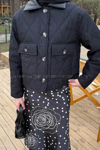 Lamelif Deri Yaka Kapitone Mont Siyah