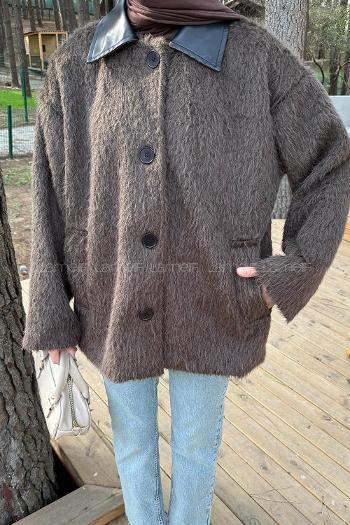 Lamelif Deri Yaka Mont Acı Kahve