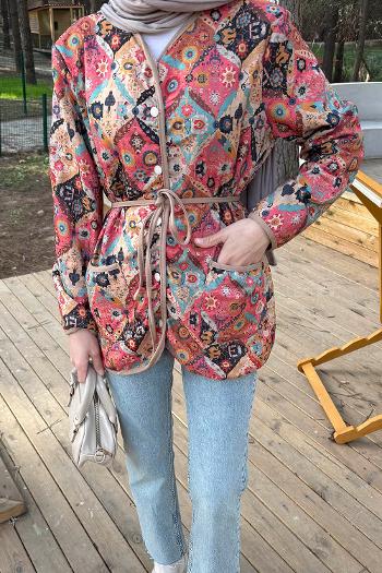 Lamelif Düğmeli Kapitone Ceket Bej