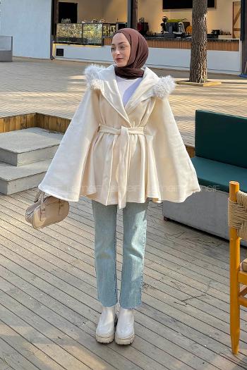 Lamelif Kapüşonlu Panço Krem