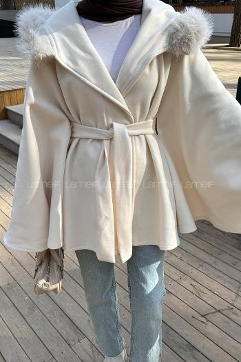 Lamelif Kapüşonlu Panço Krem