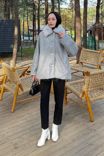 Lamelif Kürk Yakalı Kaban Gri