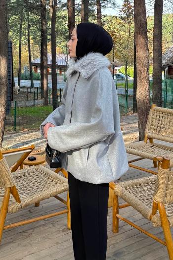 Lamelif Kürk Yakalı Kaban Gri