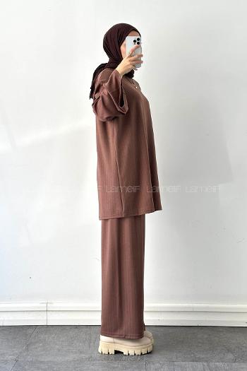 Brown Crew Neck Long Arm Cotton Regular Trousers Comfortable Suit