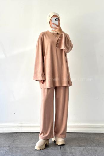 Caramel Crew Neck Long Arm Cotton Regular Trousers Comfortable Suit