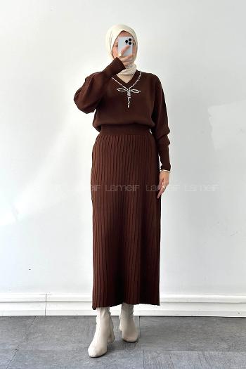 Lamelif Taş Detaylı Etekli İkili Takım Acı Kahve