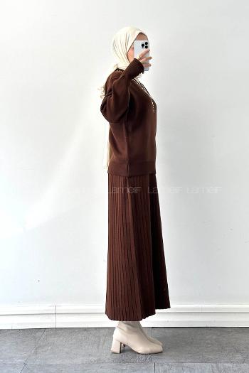 Lamelif Taş Detaylı Etekli İkili Takım Acı Kahve