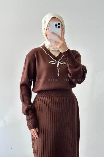 Lamelif Taş Detaylı Etekli İkili Takım Acı Kahve