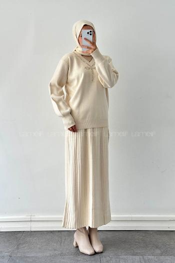 Lamelif Taş Detaylı Etekli İkili Takım Bej