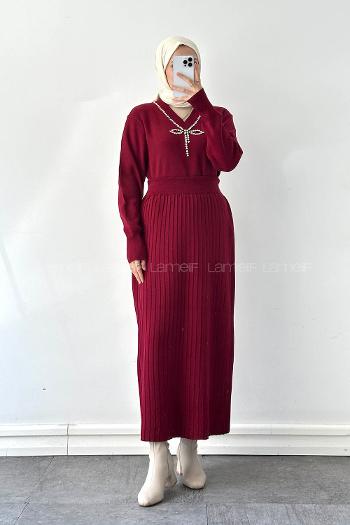 Lamelif Taş Detaylı Etekli İkili Takım Bordo