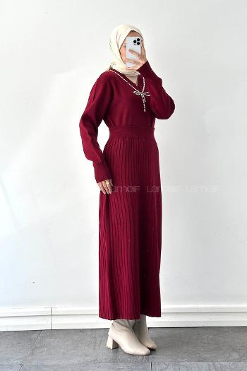 Lamelif Taş Detaylı Etekli İkili Takım Bordo